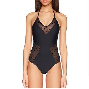ELLA MOSS Anthropologie Black Mesh Polka Dot SWIMSUIT S NWT